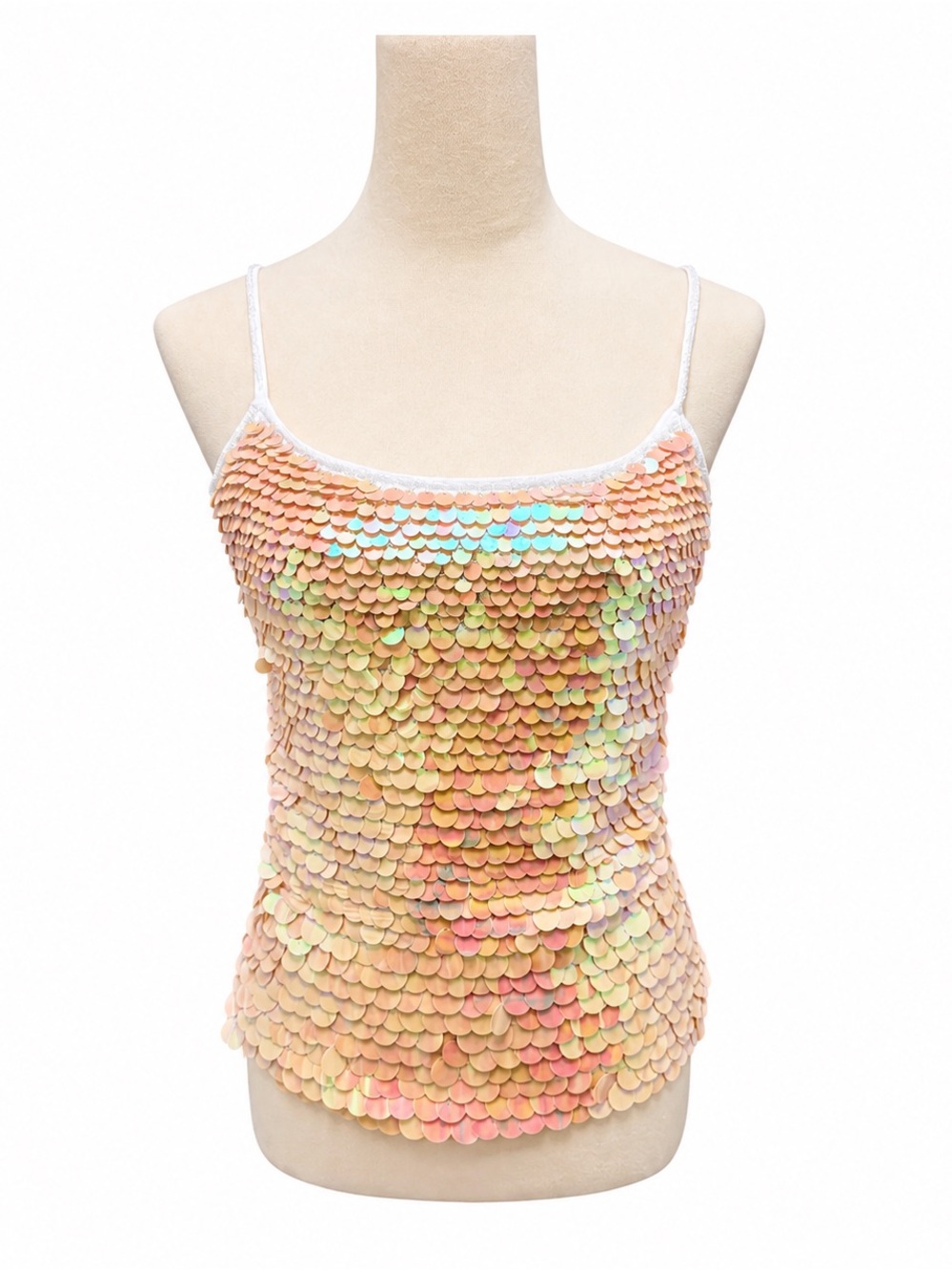 Y2k Iridescent Peach Sequin Cami with Spaghetti Straps